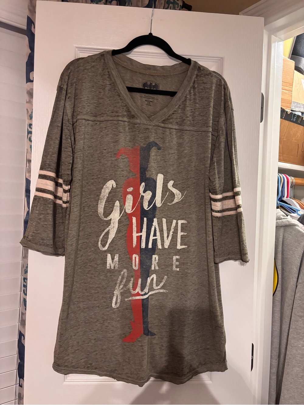 Batman Grey Long Sleeve Girls Have More Fun Graphic Tee with Pink Stripes